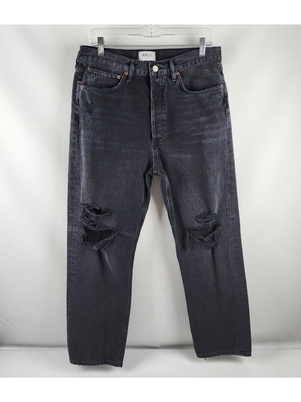 Agolde Jeans Womens 30x29 Black 90s Distressed Straight Leg Button Fly Denim